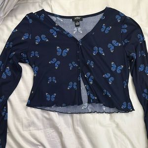 Women’s blue butterfly cropped long sleeve